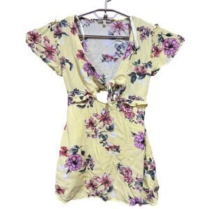 Bleuh Ciel Dress Womens Size M Yellow Pink Floral Cutout Flowy Mini Coquette